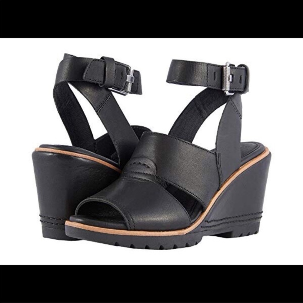 $180 Sorel After Hours Ankle Wrap Wedge Black leather Sandals 9.5